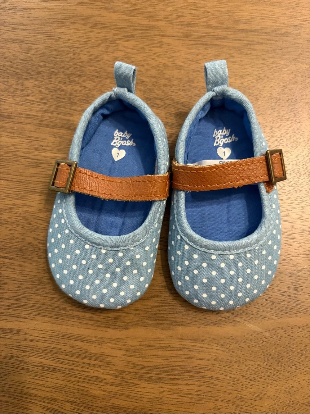 Oshkosh Blue Polka Dot Mary Jane Shoes with Brown Straps Size 1 NWOT